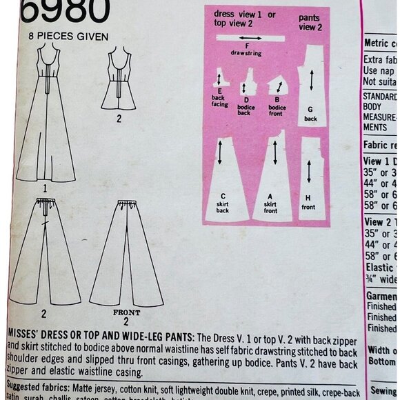 1975 Simplicity Sewing Pattern 6980 Summer Dress Top Wide Leg Pant Size 14 Uncut - Picture 5 of 6
